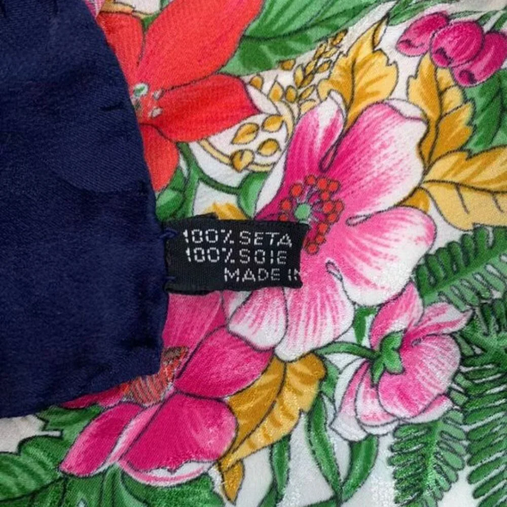 Dior Christian Scarf Silk Floral Pattern Buckle Chain Navy